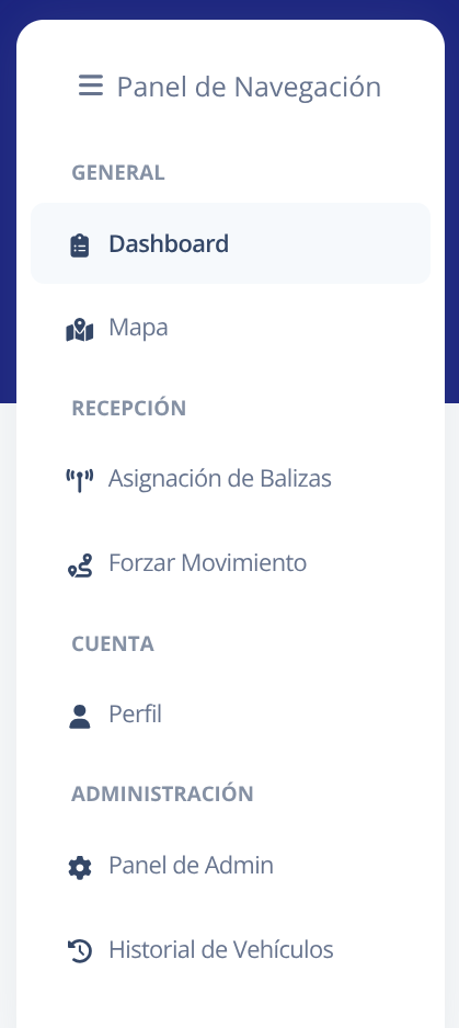 Panel de navegación lateral para usuario administrador