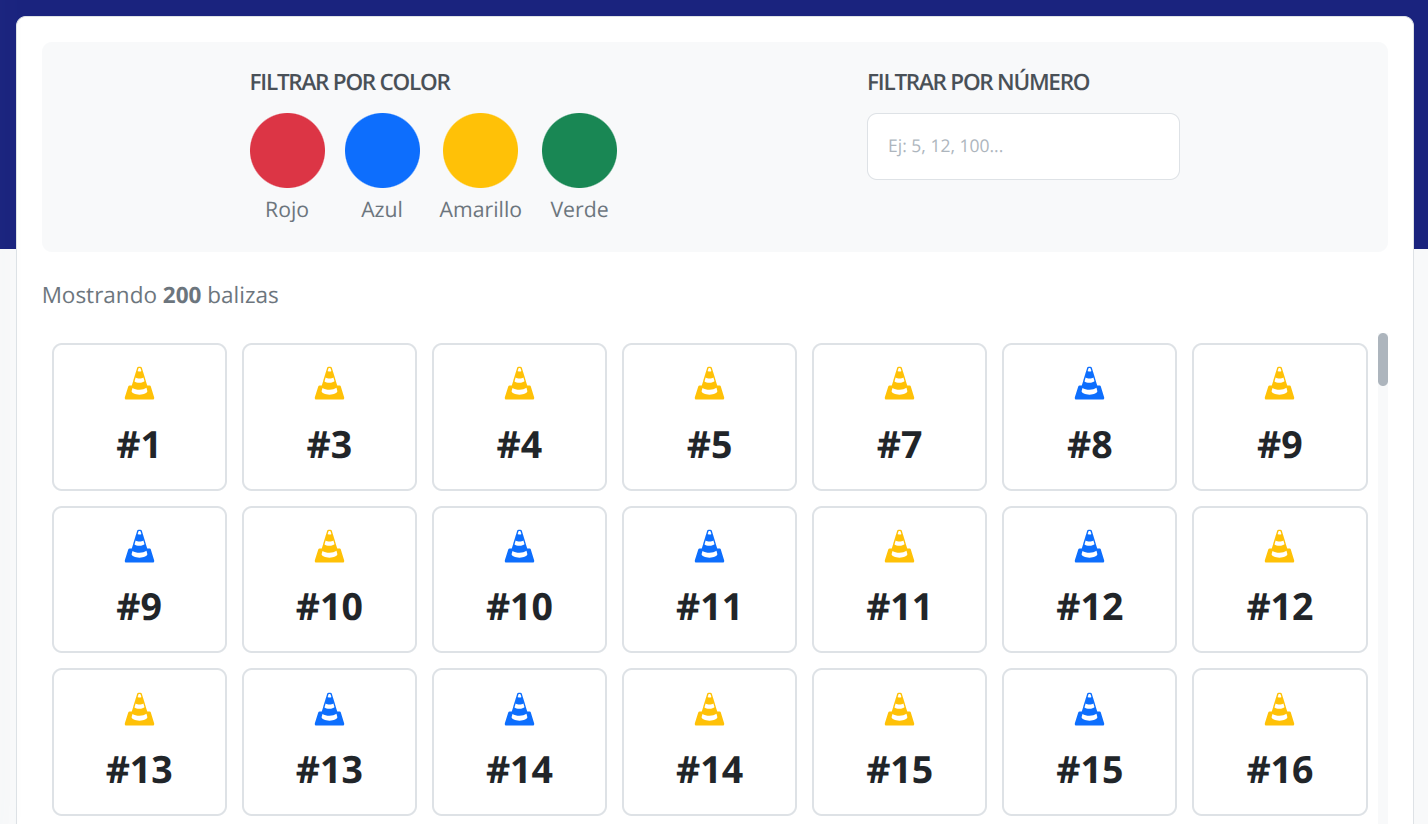 Panel con cuadrícula de balizas disponibles para asignación