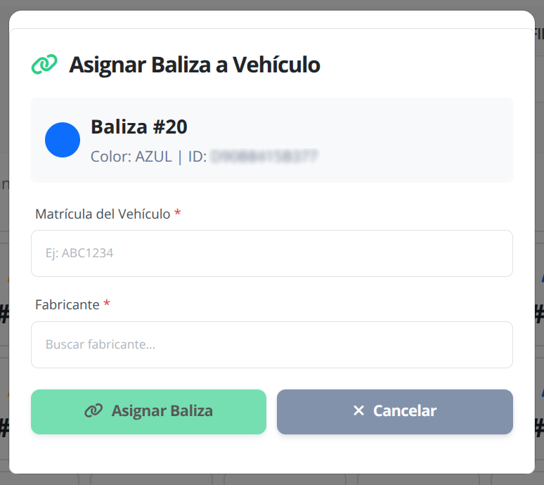 Interfaz de asignación de balizas con filtros por color y número