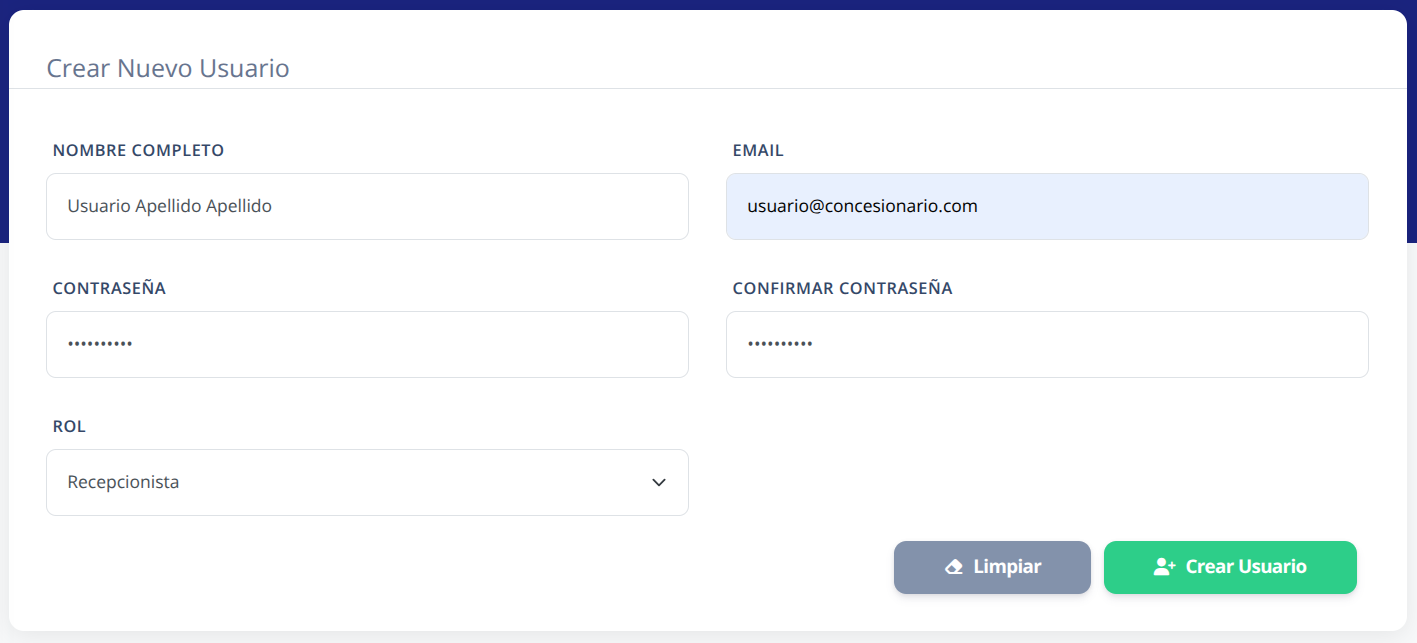 Formulario de creación de nuevo usuario en panel de administración