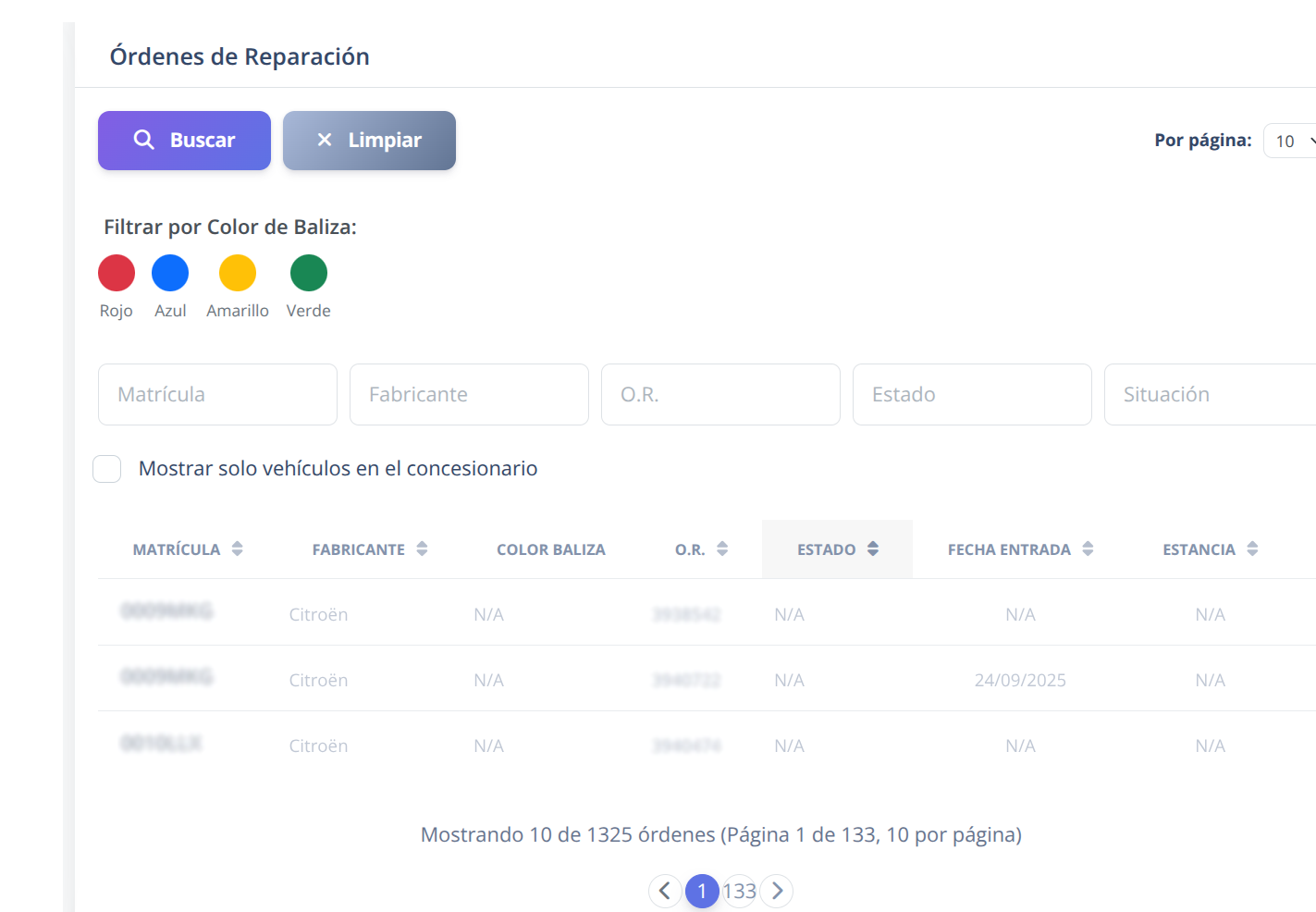 Tabla de órdenes de reparación con columnas de datos