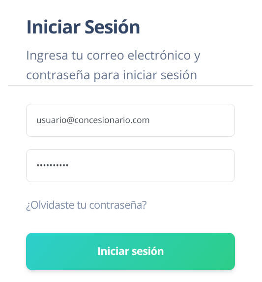 Formulario de inicio de sesión con datos de ejemplo completados