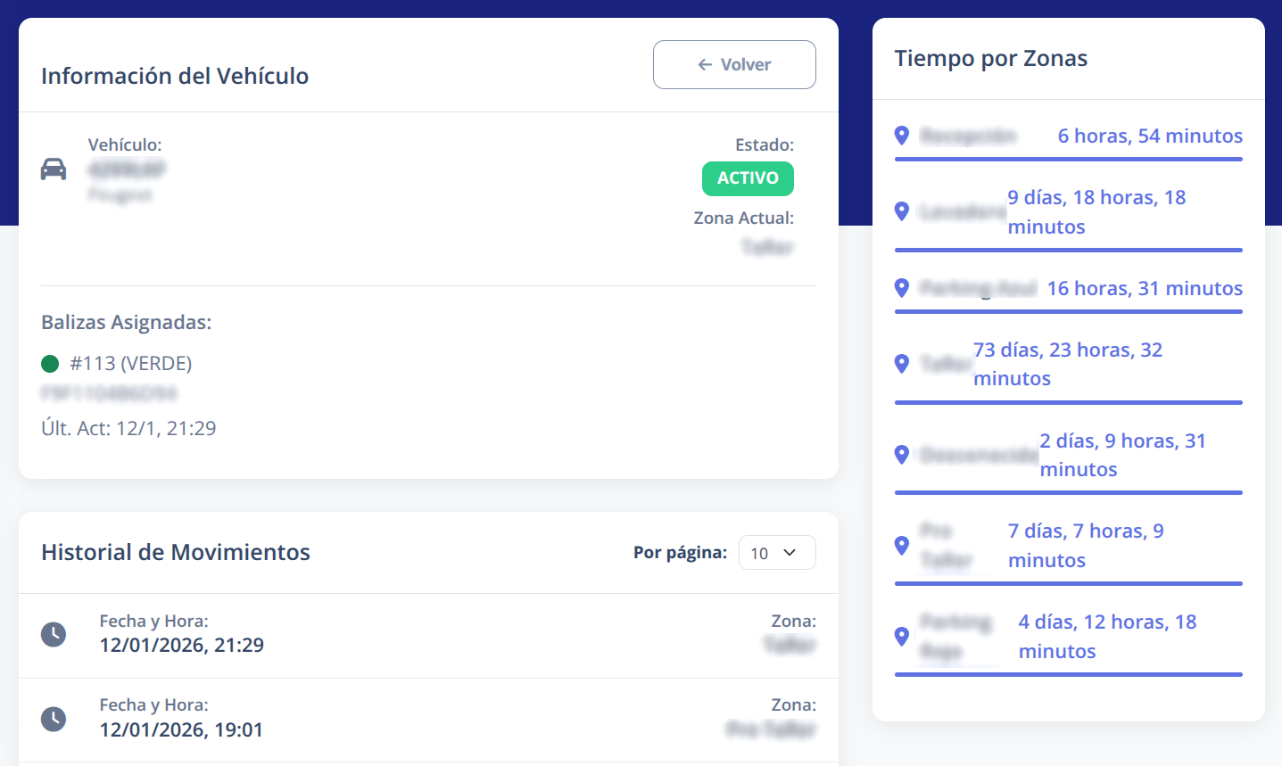 Vista detallada de información de vehículo en historial