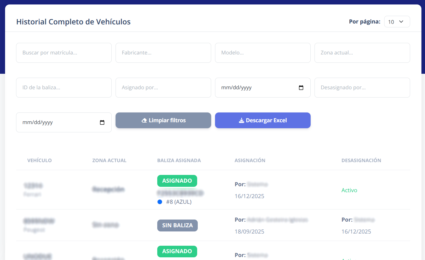 Vista completa del historial de movimientos de un vehículo
